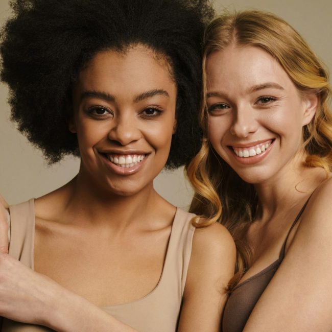 Two diverse young women in underwear